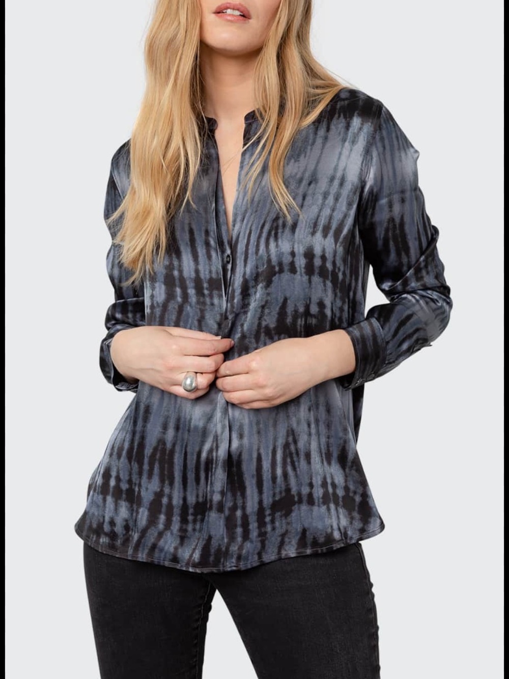 Rails Pearl Gray and Black Tie-Dye V-Neck Blouse